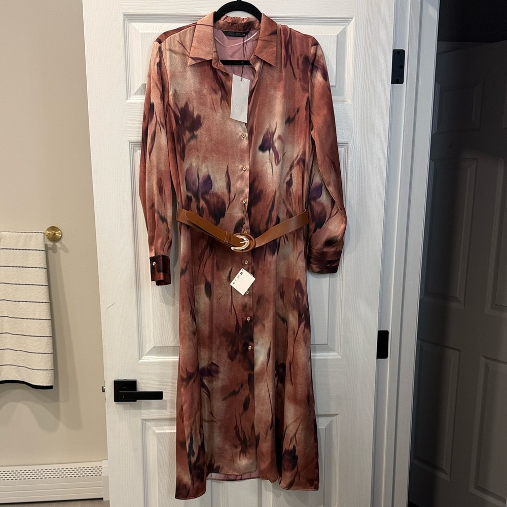 NWT ZARA TIE DYE FLORAL SILK MIDI DRESS